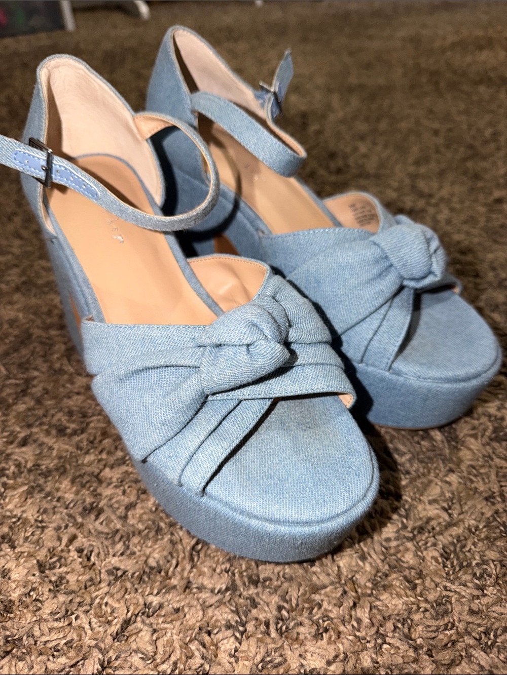 Copper Key Light Blue Denim Knot Platform Sandals with Ankle Strap